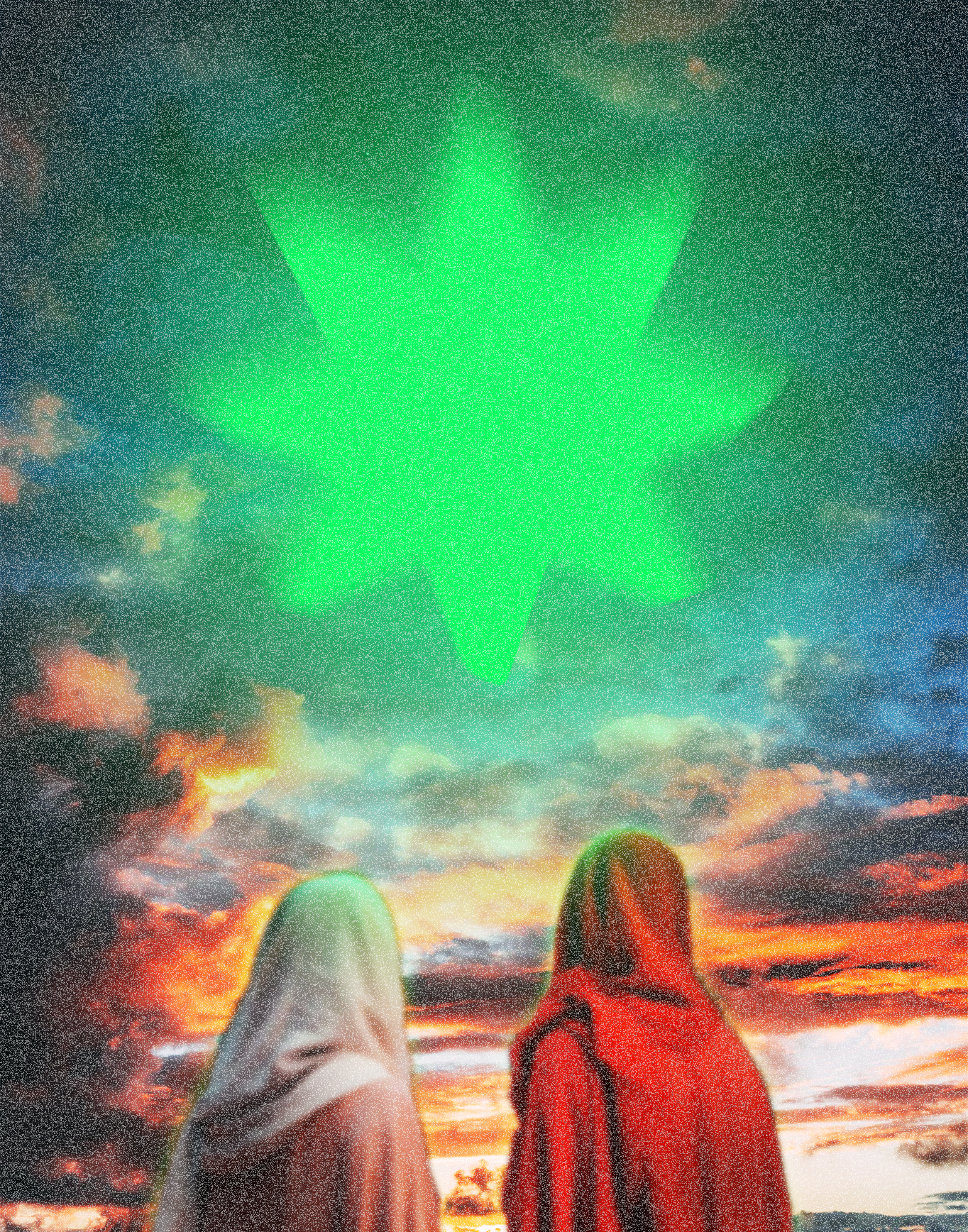 two people standing in front of a green star