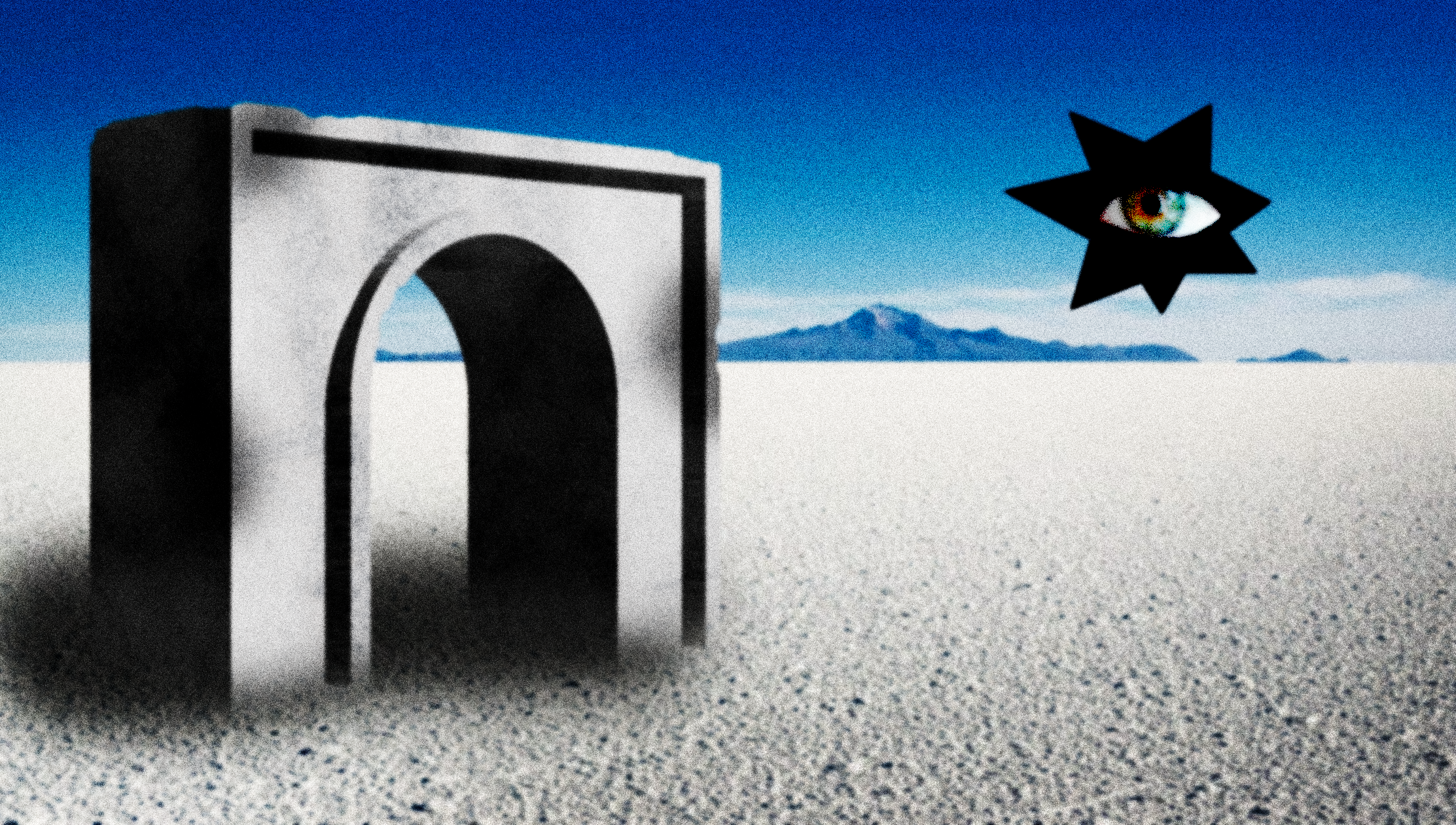 an image of a door in the desert with a mountain in the background